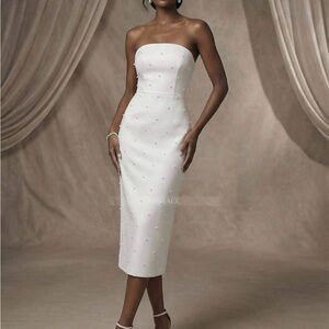 Strapless White Midi Dress with Pearl Details runs small